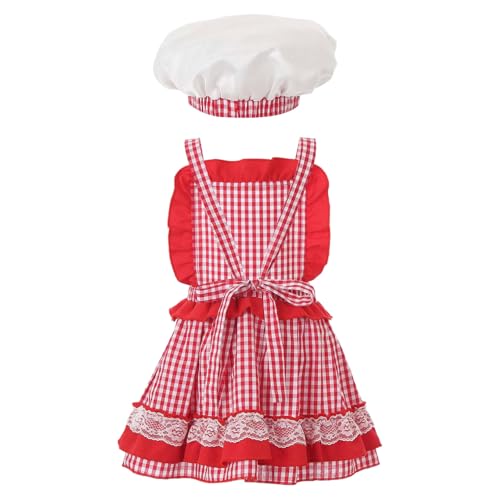 Agoky Baby Mädchen Chef Koch Kostüm Kariert Schürze Neckholder Kochschürze Bäcker Küchenschürze mit Kochmütze Cosplay Outfits Rot 68-80 von Agoky