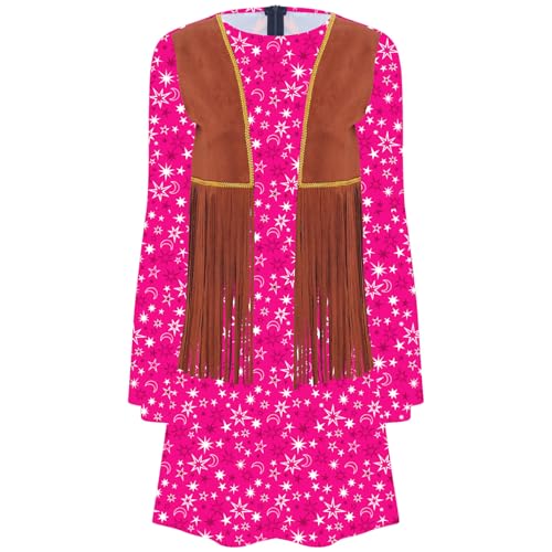 Agoky Damen 60er 70er Jahre Hippie Kleid mit Quaste Weste Retro Blumendruck Partykleid Langarm Tunika Longshirts Minikleid Mottoparty Festzug Outfits Typ C XL von Agoky