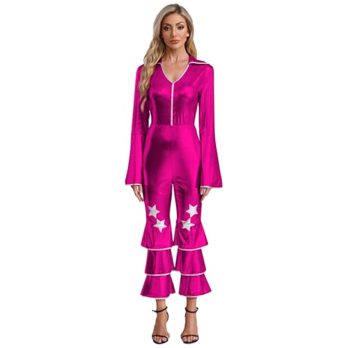 Agoky Damen 70er Jahre Retro Jumpsuit Glänzend Disco Kostüm Langarm Glockenärmel Jumpsuit Overall mit Schlaghose Gogo Tanz Outfits Clubwear Hot Pink S von Agoky