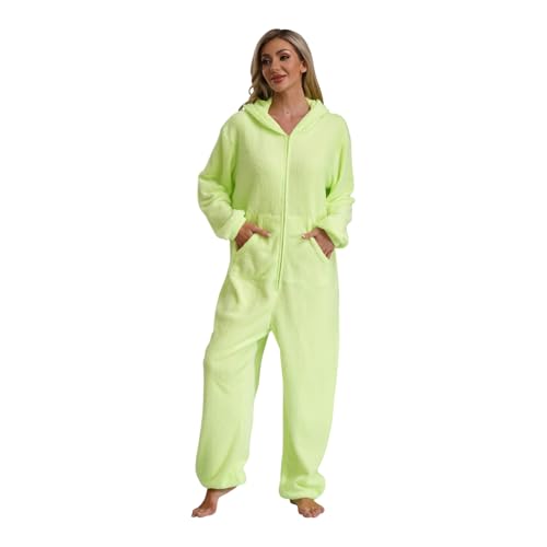 Agoky Damen Alien Kostüm Fleece Jumpsuit Hooded Overall Loose Fit Einteiler Schlafanzug Lang Weiche und Warme Nachtwäsche Loungewear Leuchtendes Grün 3XL von Agoky