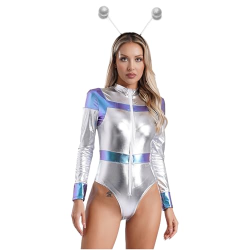 Agoky Damen Alien Kostüm Langarm Metallic Body mit Haarreifen Astronaut Uniform Gymnastik Turn Leotard Halloween Cosplay Kostüm Party Clubwear Silber XL von Agoky