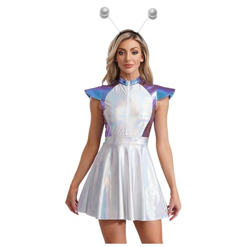 Agoky Damen Alien Kostüm Metallic Kleider mit Augestellt Rock + Haarreifen Kurzarm Tanzkleid Farbblock Halloween Fasching Cosplay Outfits Blau S von Agoky