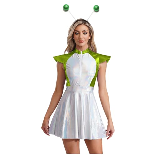 Agoky Damen Alien Kostüm Metallic Kleider mit Augestellt Rock + Haarreifen Kurzarm Tanzkleid Farbblock Halloween Fasching Cosplay Outfits Grün L von Agoky