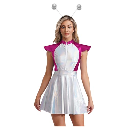 Agoky Damen Alien Kostüm Metallic Kleider mit Augestellt Rock + Haarreifen Kurzarm Tanzkleid Farbblock Halloween Fasching Cosplay Outfits Hot Pink L von Agoky