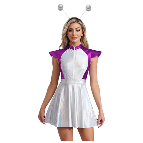 Agoky Damen Alien Kostüm Metallic Kleider mit Augestellt Rock + Haarreifen Kurzarm Tanzkleid Farbblock Halloween Fasching Cosplay Outfits Violett 4XL von Agoky