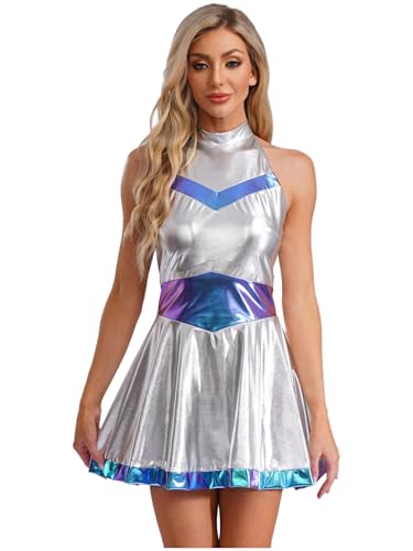 Agoky Damen Alien Kostüm Metallic Kleider mit Skater Rock Neckholder Tanzkleid Eiskunstlauf Minikleider Halloween Fasching Cosplay Outfits Blau XXL von Agoky