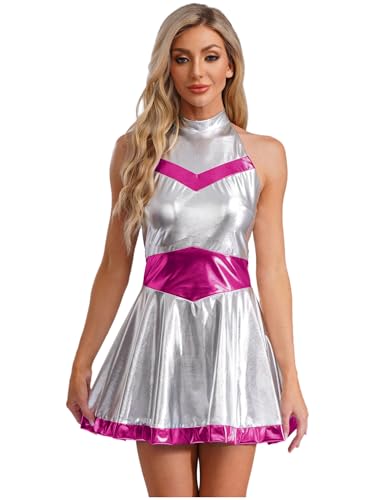 Agoky Damen Alien Kostüm Metallic Kleider mit Skater Rock Neckholder Tanzkleid Eiskunstlauf Minikleider Halloween Fasching Cosplay Outfits Hot Pink L von Agoky