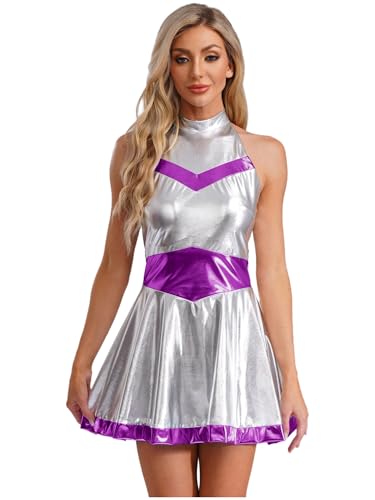 Agoky Damen Alien Kostüm Metallic Kleider mit Skater Rock Neckholder Tanzkleid Eiskunstlauf Minikleider Halloween Fasching Cosplay Outfits Violett L von Agoky