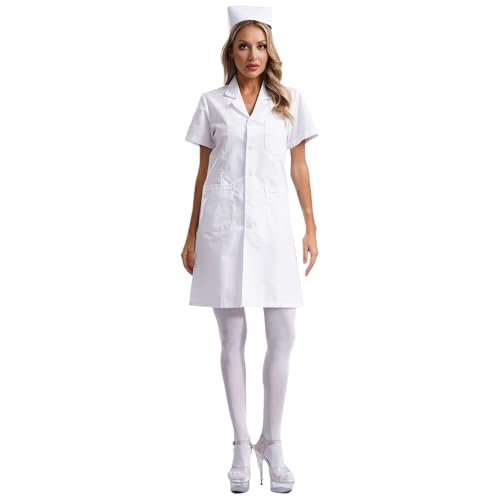 Agoky Damen Arztkittel Berufsmantel Arztin Uniform mit Knöpfe und Taschen kurzarm Kleid mit Mütze und Strümpfe Klinik Krankenhaus Berufskleidung Weiß 3XL von Agoky