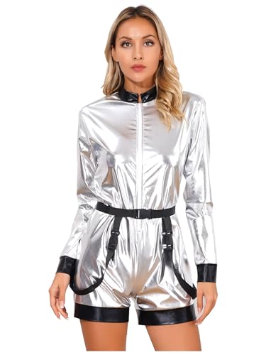 Agoky Damen Astronauten Kostüme Cosplay Futuristische Kleidung Metallic Jumpsuit Overall in Silber Raumfahrer Anzug Motto Party Outfits Silber Kurz S von Agoky