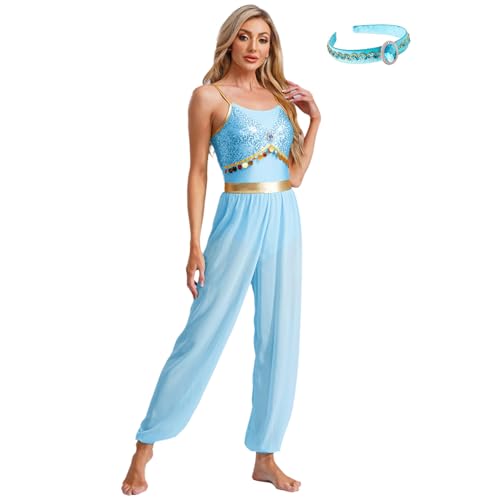 Agoky Damen Bauchtänzerin Kostüm Pailletten Jumpsuit Spaghettiträger Overall mit Weites Bein Baggy Pants Prinzessin Stirnband Motto Party Outfits Blau 3XL von Agoky