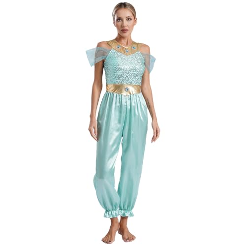 Agoky Damen Bauchtanz Kostüm Glänzend Drop Shoulder Ganzkörperanzug Metallic Kragen Gürtel Jumpsuit Overall Prinzessin Tanz Outfits Minzgrün 3XL von Agoky