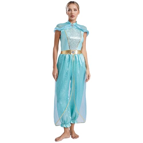 Agoky Damen Bauchtanz Kostüm Halloween Mottoparty Indische Prinzessin Outfit Einteiler Jumpsuit Overalll aus Pailletten Top mit Pluderhosen Dancewear Hellblau 4XL von Agoky