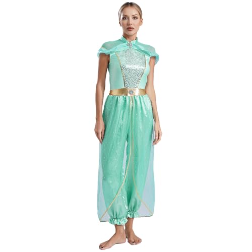 Agoky Damen Bauchtanz Kostüm Halloween Mottoparty Indische Prinzessin Outfit Einteiler Jumpsuit Overalll aus Pailletten Top mit Pluderhosen Dancewear Minzgrün XXL von Agoky