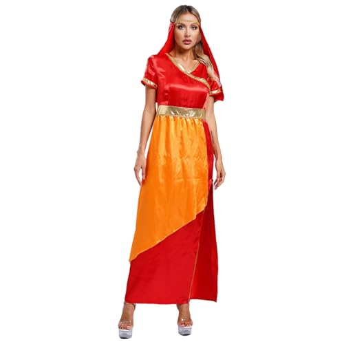 Agoky Damen Bauchtanz Kostüm Satin Kleid Kurzarm Farbblock Tunika Midi Lang Tanzkleider mit Kopfschmuck Orientalische Prinzessin Halloween Cosplay Outfits Burgundy M von Agoky