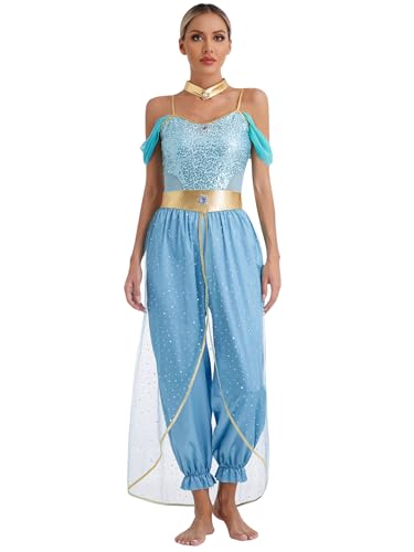 Agoky Damen Bauchtanz Kostüm Schulterfrei Pailetten Jumpsuit Overall mit Weite Hose Pumphose Einteiler indische Prinzessin Party Outfits Blau S von Agoky