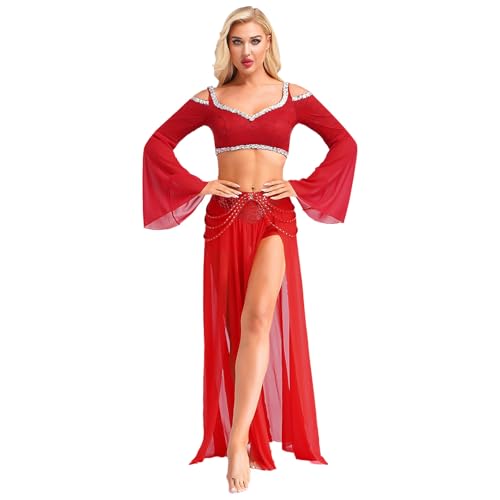 Agoky Damen Bauchtanz Kostüm Set Glockenärmel Crop Top Spitzen Pailletten Oberteil und High Waist Maxirock Tanzrock Tanzbekleidung Rot M von Agoky