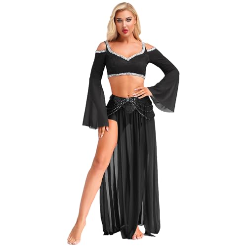 Agoky Damen Bauchtanz Kostüm Set Glockenärmel Crop Top Spitzen Pailletten Oberteil und High Waist Maxirock Tanzrock Tanzbekleidung Schwarz L von Agoky