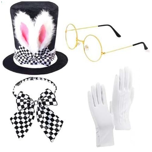 Agoky Damen Bunny Kostüm Set Zylinder Hasenohren Hut Fliege Handschuhe Brille Fliege Knietrümpfe Tüll Rock Fasching Karneval Kaninchen Cosplay Typ A One Size von Agoky