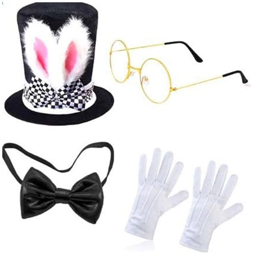 Agoky Damen Bunny Kostüm Set Zylinder Hasenohren Hut Fliege Handschuhe Brille Fliege Knietrümpfe Tüll Rock Fasching Karneval Kaninchen Cosplay Typ B One Size von Agoky