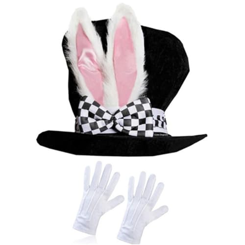 Agoky Damen Bunny Kostüm Set Zylinder Hasenohren Hut Fliege Handschuhe Brille Fliege Knietrümpfe Tüll Rock Fasching Karneval Kaninchen Cosplay Typ C One Size von Agoky