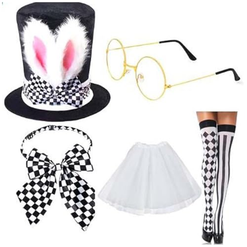 Agoky Damen Bunny Kostüm Set Zylinder Hasenohren Hut Fliege Handschuhe Brille Fliege Knietrümpfe Tüll Rock Fasching Karneval Kaninchen Cosplay Typ D One Size von Agoky