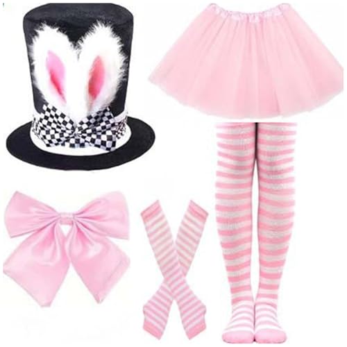 Agoky Damen Bunny Kostüm Set Zylinder Hasenohren Hut Fliege Handschuhe Brille Fliege Knietrümpfe Tüll Rock Fasching Karneval Kaninchen Cosplay Typ E One Size von Agoky