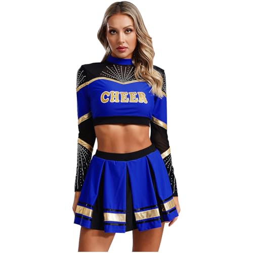 Agoky Damen Cheer Kostüm Cheerleading Uniform Langarm Shirt und Faltenrock mit Buchstaben Streifen Karneval Fasching Party Verkleidung Blau L von Agoky