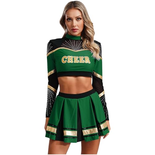 Agoky Damen Cheer Kostüm Cheerleading Uniform Langarm Shirt und Faltenrock mit Buchstaben Streifen Karneval Fasching Party Verkleidung Grün L von Agoky