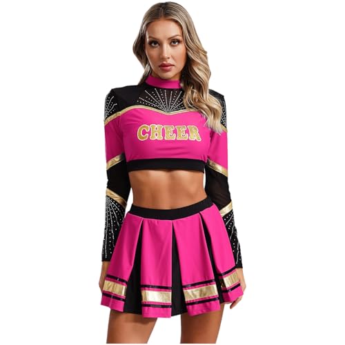 Agoky Damen Cheer Kostüm Cheerleading Uniform Langarm Shirt und Faltenrock mit Buchstaben Streifen Karneval Fasching Party Verkleidung Hot Pink L von Agoky