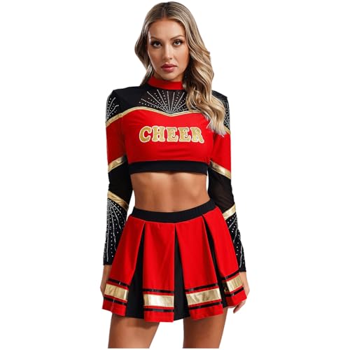 Agoky Damen Cheer Kostüm Cheerleading Uniform Langarm Shirt und Faltenrock mit Buchstaben Streifen Karneval Fasching Party Verkleidung Rot L von Agoky