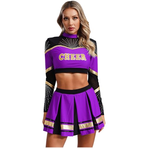 Agoky Damen Cheer Kostüm Cheerleading Uniform Langarm Shirt und Faltenrock mit Buchstaben Streifen Karneval Fasching Party Verkleidung Violett L von Agoky