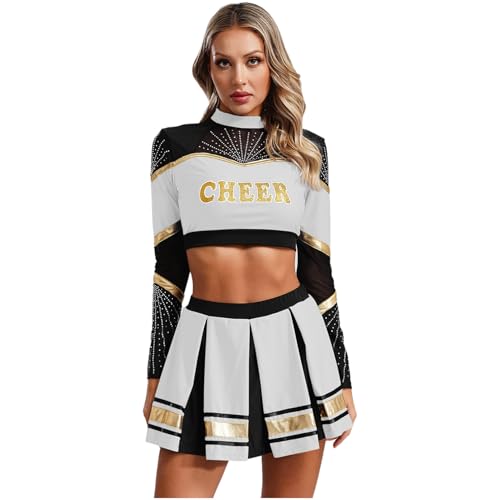 Agoky Damen Cheer Kostüm Cheerleading Uniform Langarm Shirt und Faltenrock mit Buchstaben Streifen Karneval Fasching Party Verkleidung Weiß L von Agoky