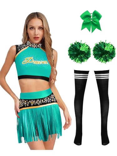 Agoky Damen Cheer Leading Kostüm Uniform Ärmelloses Crop Top Kurzes Oberteil und Faltenrock mit Fransen Kniestrümpfe Handblumen Haargummi Karneval Verkleidung Grün M Agoky Damen Cheer Leading Kostüm Uniform Ärmelloses Crop Top Kurzes Oberteil und Faltenrock mit Fransen Kniestrümpfe Handblumen Haargummi Karneval Verkleidung Grün M von Agoky