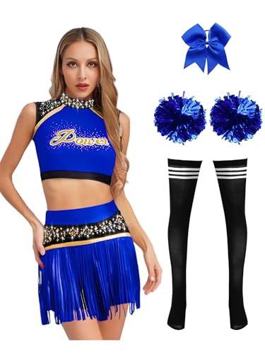 Agoky Damen Cheer Leading Kostüm Uniform Ärmelloses Crop Top Kurzes Oberteil und Faltenrock mit Fransen Kniestrümpfe Handblumen Haargummi Karneval Verkleidung Königsblau M Agoky Damen Cheer Leading Kostüm Uniform Ärmelloses Crop Top Kurzes Oberteil und Faltenrock mit Fransen Kniestrümpfe Handblumen Haargummi Karneval Verkleidung Königsblau M von Agoky