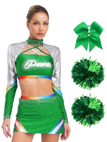 Agoky Damen Cheerleaderin Kostüm Metallic Tanzshirts Kurz Bauchfrei Langarmshirts mit Bodycon Rock Handblumen Haargummi Schule Uniform Halloween Verkleidung Grün L Agoky Damen Cheerleaderin Kostüm Metallic Tanzshirts Kurz Bauchfrei Langarmshirts mit Bodycon Rock Handblumen Haargummi Schule Uniform Halloween Verkleidung Grün L von Agoky