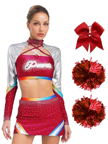 Agoky Damen Cheerleaderin Kostüm Metallic Tanzshirts Kurz Bauchfrei Langarmshirts mit Bodycon Rock Handblumen Haargummi Schule Uniform Halloween Verkleidung Rot L Agoky Damen Cheerleaderin Kostüm Metallic Tanzshirts Kurz Bauchfrei Langarmshirts mit Bodycon Rock Handblumen Haargummi Schule Uniform Halloween Verkleidung Rot L von Agoky