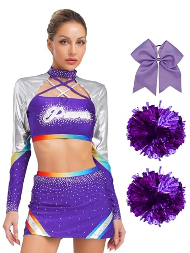 Agoky Damen Cheerleaderin Kostüm Metallic Tanzshirts Kurz Bauchfrei Langarmshirts mit Bodycon Rock Handblumen Haargummi Schule Uniform Halloween Verkleidung Violett L Agoky Damen Cheerleaderin Kostüm Metallic Tanzshirts Kurz Bauchfrei Langarmshirts mit Bodycon Rock Handblumen Haargummi Schule Uniform Halloween Verkleidung Violett L von Agoky