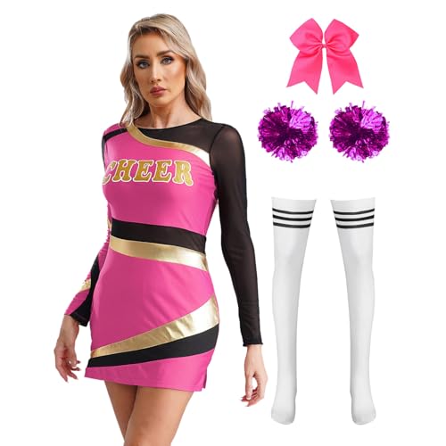 Agoky Damen Cheerleading Kleid mit Streifen Buchstaben Langarm Tanzkleid mit Slim Fit Bodycon Rock mit Handblumen Socken Bowknot Haargummi Wettbewerb Outfits Hot Pink L von Agoky