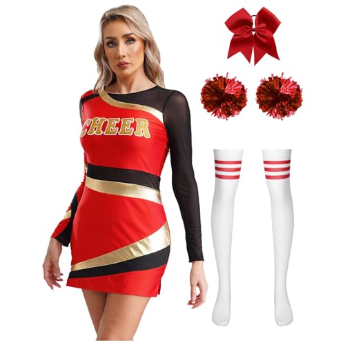 Agoky Damen Cheerleading Kleid mit Streifen Buchstaben Langarm Tanzkleid mit Slim Fit Bodycon Rock mit Handblumen Socken Bowknot Haargummi Wettbewerb Outfits Rot L von Agoky