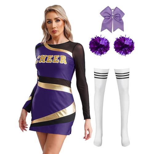 Agoky Damen Cheerleading Kleid mit Streifen Buchstaben Langarm Tanzkleid mit Slim Fit Bodycon Rock mit Handblumen Socken Bowknot Haargummi Wettbewerb Outfits Violett S von Agoky