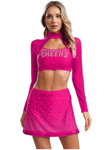 Agoky Damen Cheerleading Kostüm Uniform Langarm Kurzes Bauchfreies Oberteil und Mini Rock mit Glitzer Karneval Fasching Party Verkleidung Hot Pink L von Agoky