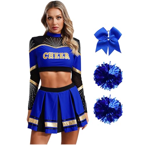 Agoky Damen Cheerleading Kostüm Uniformen Cheers Tanz Crop Top mit Rock und Streifen Socken Handblumen Bowknot Haargummi Bekleidungsset Wettbewerb Show Outfits Blau L von Agoky