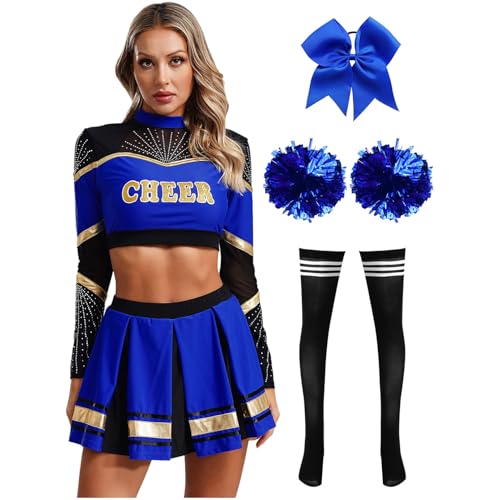 Agoky Damen Cheerleading Kostüm Uniformen Cheers Tanz Crop Top mit Rock und Streifen Socken Handblumen Bowknot Haargummi Bekleidungsset Wettbewerb Show Outfits Blau Schwarz S von Agoky