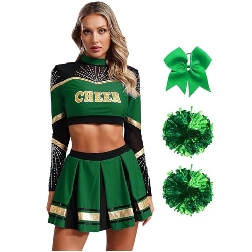 Agoky Damen Cheerleading Kostüm Uniformen Cheers Tanz Crop Top mit Rock und Streifen Socken Handblumen Bowknot Haargummi Bekleidungsset Wettbewerb Show Outfits Grün M von Agoky