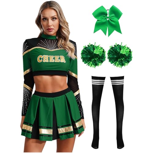 Agoky Damen Cheerleading Kostüm Uniformen Cheers Tanz Crop Top mit Rock und Streifen Socken Handblumen Bowknot Haargummi Bekleidungsset Wettbewerb Show Outfits Grün Schwarz S von Agoky