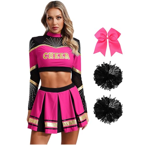 Agoky Damen Cheerleading Kostüm Uniformen Cheers Tanz Crop Top mit Rock und Streifen Socken Handblumen Bowknot Haargummi Bekleidungsset Wettbewerb Show Outfits Hot Pink XL von Agoky