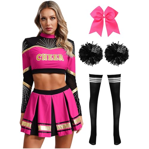 Agoky Damen Cheerleading Kostüm Uniformen Cheers Tanz Crop Top mit Rock und Streifen Socken Handblumen Bowknot Haargummi Bekleidungsset Wettbewerb Show Outfits Hot Pink & Schwarz L von Agoky