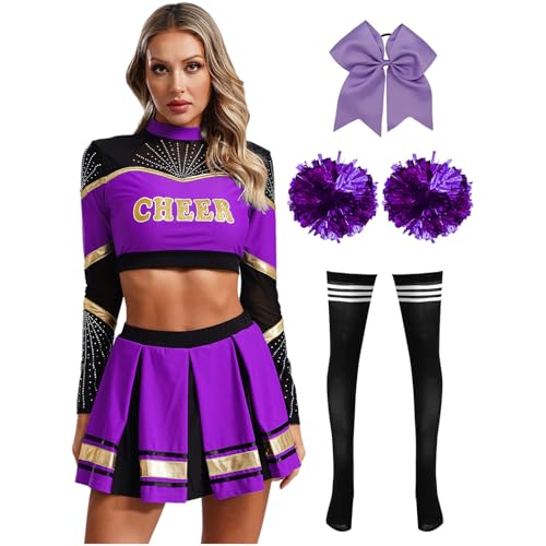 Agoky Damen Cheerleading Kostüm Uniformen Cheers Tanz Crop Top mit Rock und Streifen Socken Handblumen Bowknot Haargummi Bekleidungsset Wettbewerb Show Outfits Lila & Schwarz S von Agoky