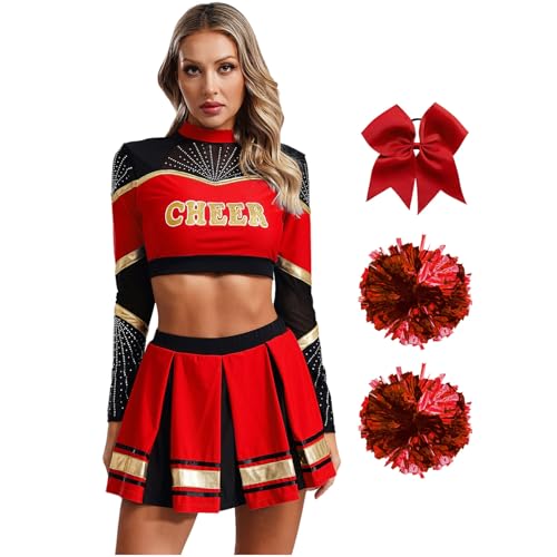 Agoky Damen Cheerleading Kostüm Uniformen Cheers Tanz Crop Top mit Rock und Streifen Socken Handblumen Bowknot Haargummi Bekleidungsset Wettbewerb Show Outfits Rot L von Agoky